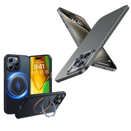 TORRAS Slim Fit Designed for iPhone 15 Pro Case 6.1 inch, Titanium Grey & 360°Rotatable Ring Magnetic iPhone 15 Pro Case
