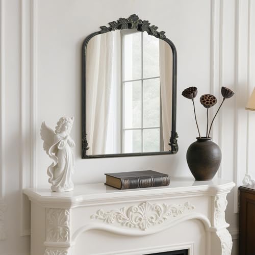 Image of WallBeyond Black Antique Mirror for Vanity 22x30 Inch, Black Vintage Mirror with Ornate Frame, Arched Vintage Wall for Bathroom, Living Room, Fireplace
