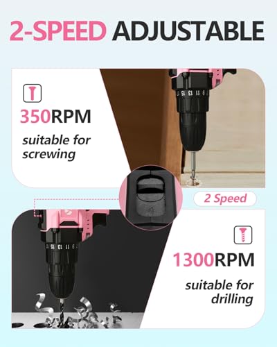 Yougfin Cordless Drill Set, 20V Power Drill Driver With Battery Charger and Carrying Case, 25+1 Torque Electric Drill, Variable Speed, 266 In-lb, 3/8'' Keyless Chuck, 34pcs Driver Bit, Belt Hook/Pink thumbnail 5