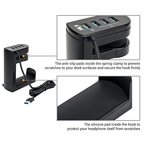 KIWIFOTOS Support pour casque avec concentrateur USB, support de suspension pour casque sous le bureau avec 4 ports USB (1 USB 3.0 + 3 USB 2.0), support de casque réglable pour casque, parapluie, sac