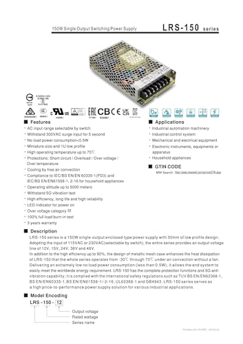 Alimentation à découpage 150 W LRS-150F-5 tension stable 5V - 3