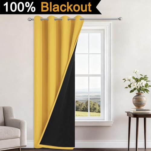 Image of Yakamok Mustard Yellow Blackout Curtains 84 Inches Long 52 inch Wide 1 Panel | Blackout Curtain Panels for Bedroom, 2 Thick Layers Grommet Top Thermal Insulated Drapes with Black Liner for Living Room