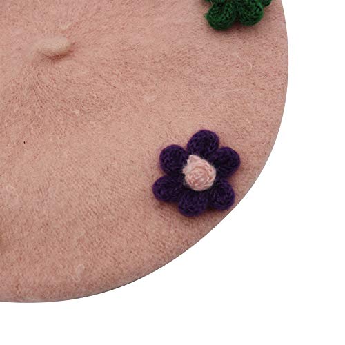 Rarityus Fashion Cute Wool French Artist Beret Hat Warm Beanie Cap Headwear With Multicolor Flowers Pom Pom For Kids Girls (5 To 15Y) #TOP4