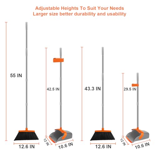 Image of Broom and Dustpan Set for Home,Standing Dustpan with 55 inch Long Handle, Orange Broom with Dustpan
