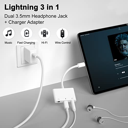 3 in 1 Lighting to 3.5mm Dual Headphone Jack Adapter - Earphone Jack Audio and Charging Adapter - Headphone Splitter for iPhone 14/13/ 12/11/ X/ 8 - White by LXJADAP - Image 2