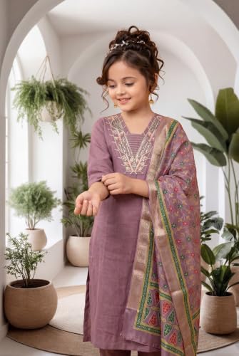 Image of Girls Cotton Blend Embroidered Kurta Pant with Printed Banarasi Style Dupatta Set | Festive Ethnic Wear for Kids | Traditional Suit Set for Girls (4-14Years)