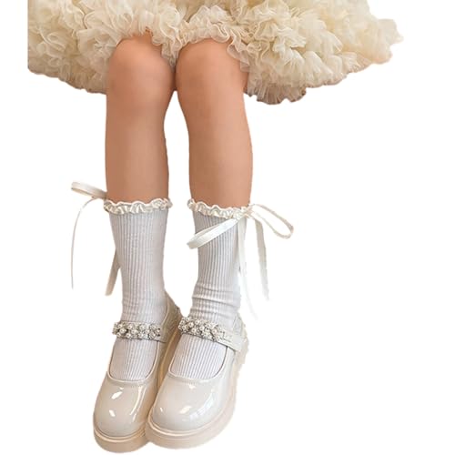 Lace Up Ribbon Bowknot Socks Cotton Midcalf Socks Girl Spring Knitting Socks for Little Girls with Ruffle