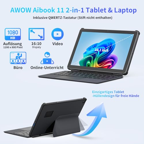 AWOW AIBOOK 11 10,1 Zoll Wi-11 Tablet PC mit Tastatur –Gen12 N100, 12GB LPDDR5 RAM, 256GB PCIe SSD, FHD Touchscreen, Dual-Band WiFi, USB-C, HDMI, 8MP Kamera, Deutsch (2-in-1 Laptop Convertible)