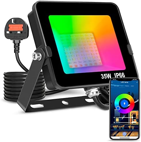 LED Floodlight Outdoor or Indoor 35W Smart RGB Colour Changing Flood Lights Bluetooth APP Control IP66 Waterproof dimmable Atmosphere Light for Decorative Stage Landscape Garden, UK 3 pin Plug(1 Pack)