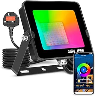 LED Floodlight Outdoor or Indoor 35W Smart RGB Colour Changing Flood Lights Bluetooth APP Control IP66 Waterproof dimmable Atmosphere Light for Decorative Stage Landscape Garden, UK 3 pin Plug(1 Pack)