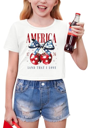 Image of BesserBay Kids Girls 4th of July Crop Tops American Flag Red White Blue Patriotic Bows USA Flag T-Shirts 6-14 Years