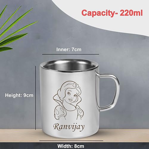 Image of SAVRI Personalized Stainless Steel Mug for Kids with Customized Name Engraved & Cartoon Design | 220 ml Double Wall Insulated Mug for School, Milk, Juice & Water (Snow White Princess)