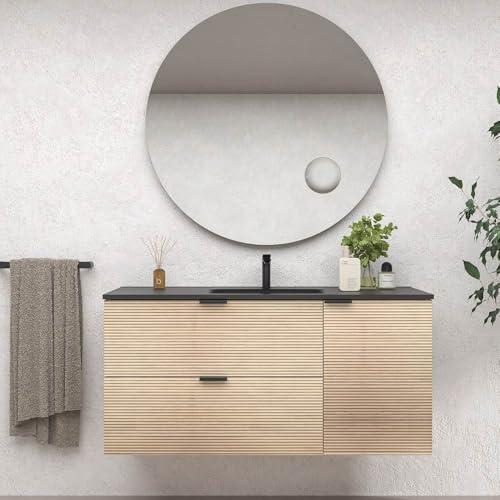 VARO BATH | Mueble de baño suspendido colección Vito - Color Alcatraz (2 Cajones + 1 Puerta) (Lavabo Negro, 80cm de Ancho)