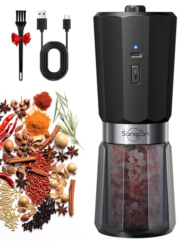 Sangcon 2 Velocità Macinasale e Pepe Elettrico a Gravità, 800 mAh Macinapepe Ricaricabile ad Alta Capacità, 5 Livelli di Grana Regolabile Esternamente, Macinatura Automatica con Una Mano, 1 pz