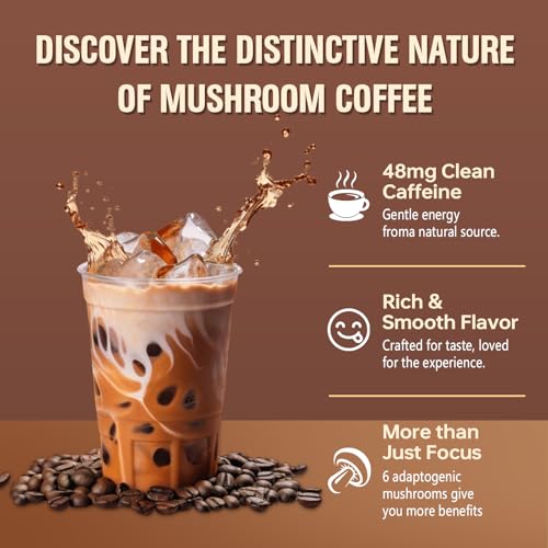 Mushroom Coffee, Instant Mushroom Coffee Powder with 6 Adaptogenic Mushrooms (Cordyceps, Lion&rsquo;s Mane, Shiitake, Turkey Tail) and MCT Oil for Better Energy, Focus, Immune Support - 30 Servings