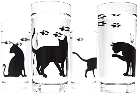 Cat Glassware Gift Set of 4 Glasses 16oz Highball Glass, Silkscreened Printed Party Barware