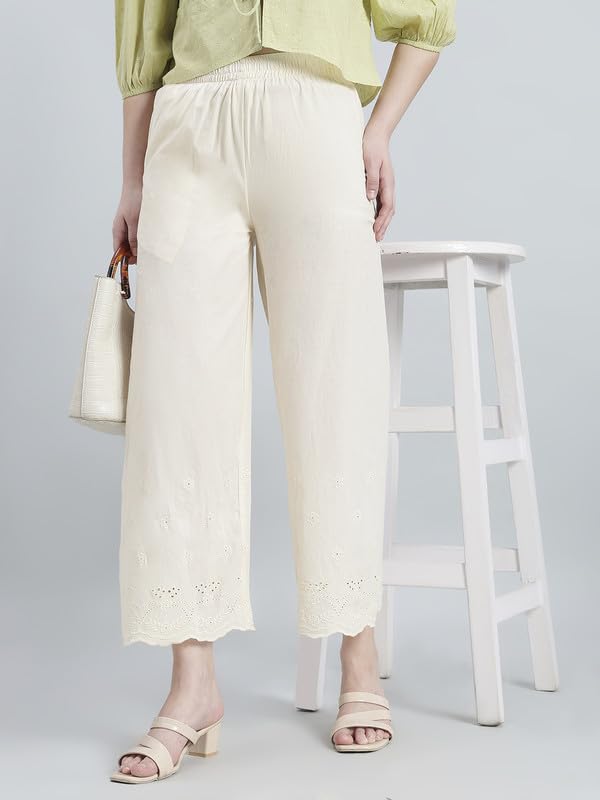 Image of GO COLORS Women Cotton Hakoba Wide Pant Ankle Length, Floral Embroidery, Relaxed Fit, Mid-Rise with Side Pocket