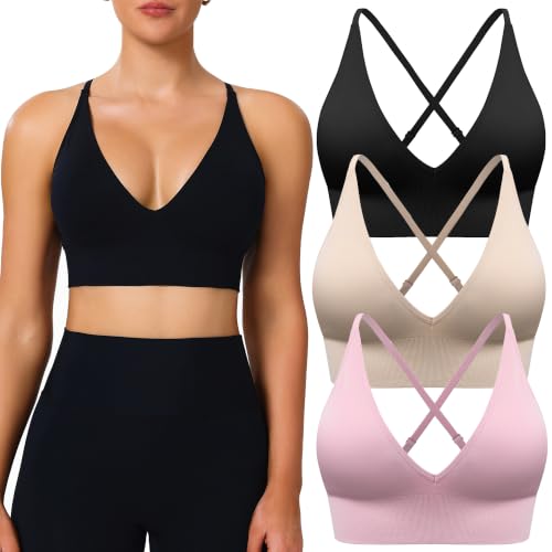 Image of Women's Deep V Neck Sports Bras, Adjustable Straps Criss Cross Strappy Back | Removable Pads, Convertible Straps, Padded, 3 /5Pack, Wireless, Seamless, Bralettes, Spaghetti Strap, for Daily Yoga Pilates