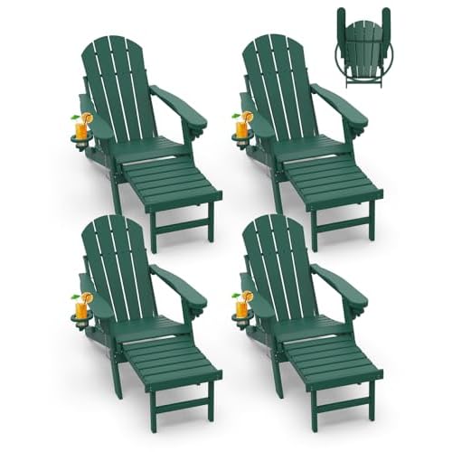 GREENVINES Adirondack-Chairs-with-Ottoman | Set of 4 | Folding | Retractable-Footrest | HDPE Plastic | All Weather Fire Pit Chair | Cup Holders | Fore
