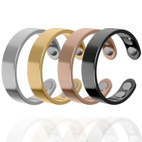 Anillo de migraña auvulis, anillo de migraña inoxidable adecuado para hombres y mujeres, anillo de acupresión magnético para aliviar la fatiga ajustable, ayuda para dormir (4 piezas-A,Ajustable)