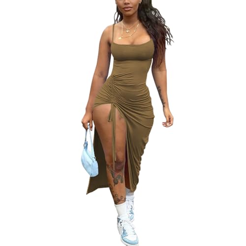 Image of Nimsruc Womens Sexy Summer Dresses Spaghetti Strap Thigh-high Slit Ruched Bodycon Maxi Club Cocktail Party Dress Brown XL