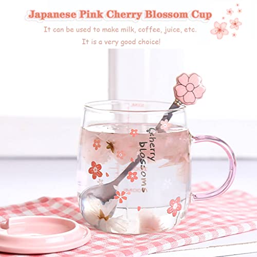 Zragek Sakura Mug Creative Sakura Cup Coaster, Office Drinking Cup With Scale, Cute Heat Resistant Glass Mug With Lid Spoon, 17.6 Oz Large Capacity(Small Flower,17.6Oz) #TOP2