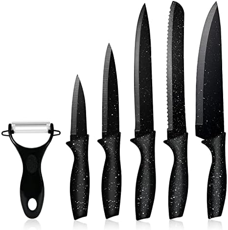 JunJing Kitchen Knife Sets of 6, Sharp Stainless Steel Blade Chef Knife Set, Ergonomic Handle Kitchen set includes Utility, Chef, Bread, Paring Knife, Chef Kitchen Knives, Peeler, Dishwasher Safe