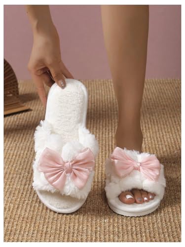 Verdusa Women's 3D Bow Plush Fuzzy Slippers Open Toe Warm Indoor Bride Wedding Slippers2