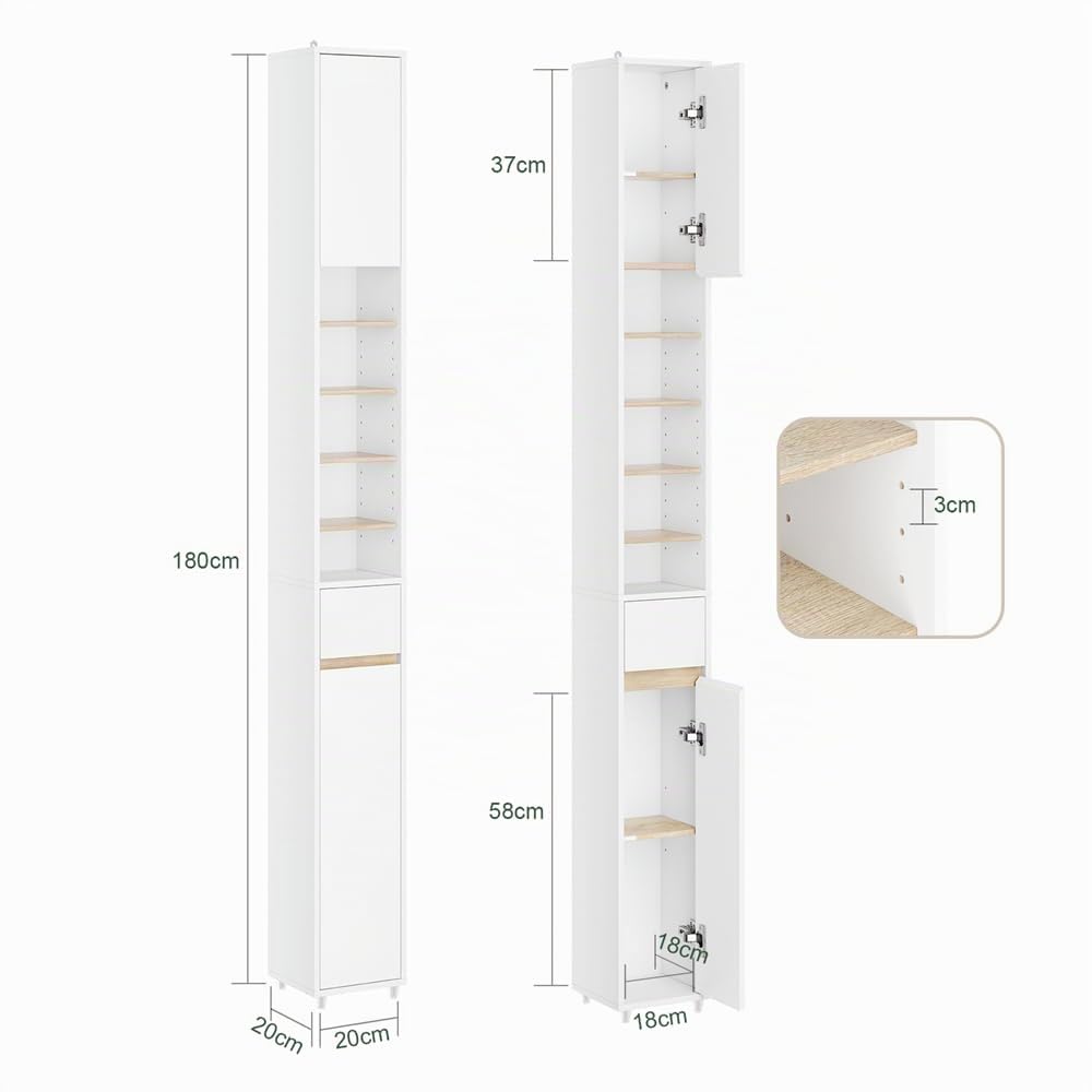 SoBuy Mueble Baño Estrecho y Alto Armario Baño Tipo Columna Auxiliar Mueble Auxiliar de Almacenaje con Estantes Regulables y Cajón Armario Estrecho para Espacios Reducidos, 20x20x180cm BZR34-WN