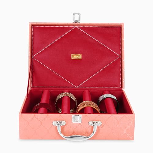 Image of LEDO Bangle Box Organizer Holder Case for Women in PU Leather with 4 Rods in Peach Color