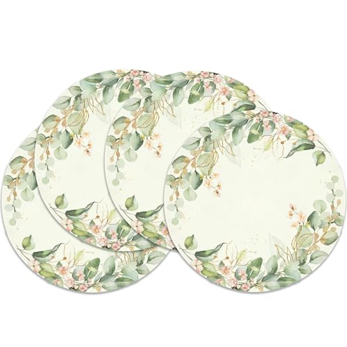Juego de 4 manteles Individuales de eucalipto, Redondos, Hojas y Flores de eucalipto manteles Individuales, Redondos, Ø 37, para Vacaciones, Fiesta, Cocina