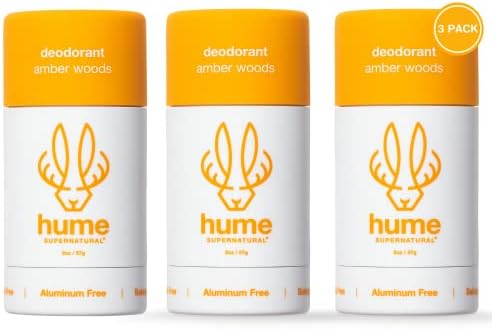 Hume Supernatural Aluminum Free Deodorant for Women & Men - Safe for Sensitive Skin - Probiotic, Plant-Based, Baking Soda Free, Aloe, & Cactus Flower, Anti Sweat, Stain & Odor - Amber Woods, 3-Pack
