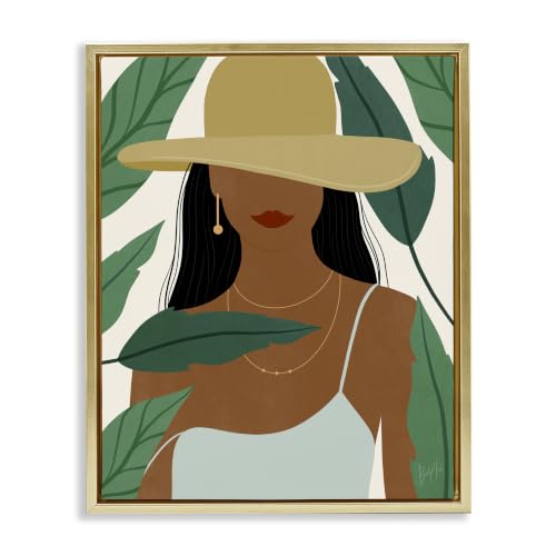 'Smiling Woman Wearing Sun Hat Drifting Leaves'| Floating Frame Canvas Art