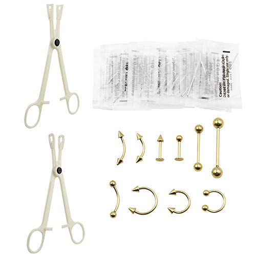 Autdor Piercing Kit - 36Pcs Professional Body Piercing Kit Steel Ear Piercing Needles 12G 14G 16G 18G 20G Piercing Clamps Belly Ring Tongue Tragus Nipple Nose with Cottonl Pad for Piercing