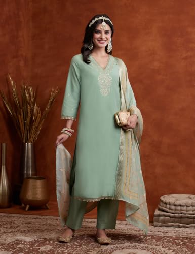 Image of Amazon Brand - Myx Women's V Neck Embroidered Kurta Set With Dupatta | Salwar Suit Set (Available In Plus Sizes)