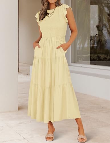 Image of ZESICA Women's 2026 Summer Casual Flutter Short Sleeve Smocked Midi Dress