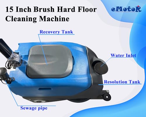 Emotor Walk Behind 15\" Brush Floor Scrubber Machine, Battery Powered Hand-Push Commercial Industrial Floor Scrubber Machine 34.65\'\'X22.83\'\'X26.77\'\' (Blue)
