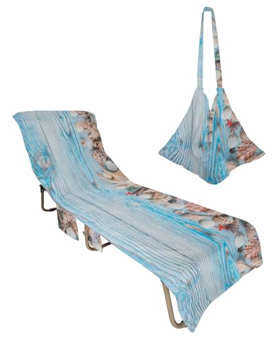 Blue Coastal Nautical Beach Lounge Chair Towel Cover, Soft Chaise Lounge Towel with Side Pockets Patio Pool Chairs Cover for Beach/Pool Sunbathing 29x85 Summer Beach Starfish Wooden