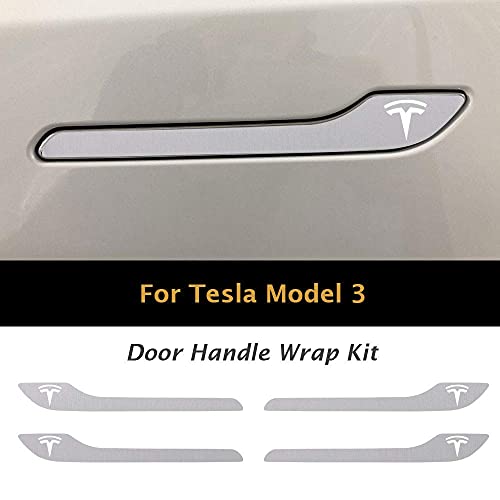 Image of IPG Compatible for Model 3 / Model Y /Juniper Door Handle Decal Sticker Wrap Kit (Set of 4) with Tesla Logo Personalize Your Tesla (Brushed Aluminum)