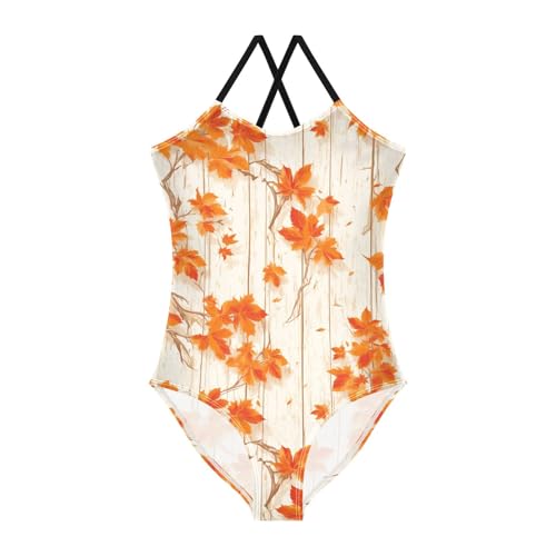 KLL Autumn Leaf on Old White Wooden Toddler Girls 1-Piece Bathing Suit Beach Swimwear Adjustable Shoulder Strap Cute