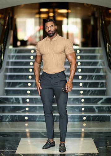 Collared Muscle Shirts for Men Ribbed Knit Slim Fit Polo Shirts Short Sleeve, Mens V Neck T Shirts Casual Stylish4