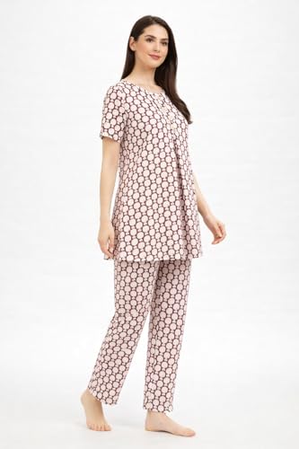 Image of KIAWAH Women Printed Night Suit Set, Cotton Blend Night Suit, A-Line Top and Pajama Set, Soft and Breathable Night Wear