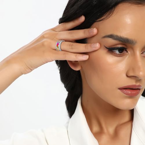 MDFUN 18K White Gold Plated Halo Wedding Ring Eternity Band for Women, Sparkling Colorful Cubic Zirconia Rings Size 5-102