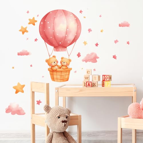 Vinilo decorativo infantil con osos y globo aerostático rosa miniatura 4