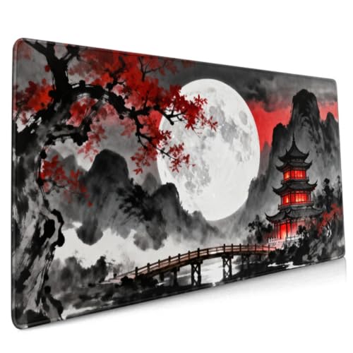 Image of Black Red Japanese Mouse Pad 35.4x15.7 XXL Mountain Moon Watercolor Design Extended Large Mousepad Keyboard Mouse Mat Desk Pad with Non-Slip Rubber Base Stitched Edges for Home Office Game