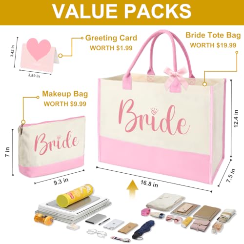 Image of Bride Gift Pink Canvas Bag Tote with Makeup Bag, Wedding Bridal Shower Gift | Large Capacity, Easy to Clean and Reusable, Waterproof Coating, Bride to be Gift Bag, Bride Gifts for Wedding Day