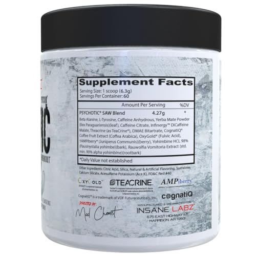 Image of Insane Labz Psychotic Saw, High Stim Pre Workout Powder with OxyGold­ and AMPiberry,Extreme Lasting Energy with Teacrine,Focus with CognitIQ and Endurance (60 Servings, Fruit Punch)