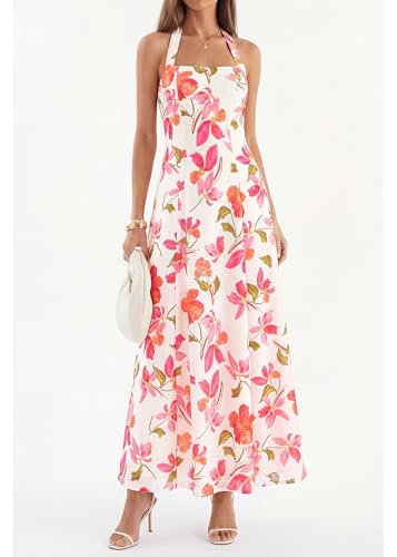 KIRUNDO Women's Summer Sleeveless Halter Floral Maxi Dress 2026 Beach Wedding Guest Cocktail Mesh Flowy A Line Long Sundress(White, Large) — view 2