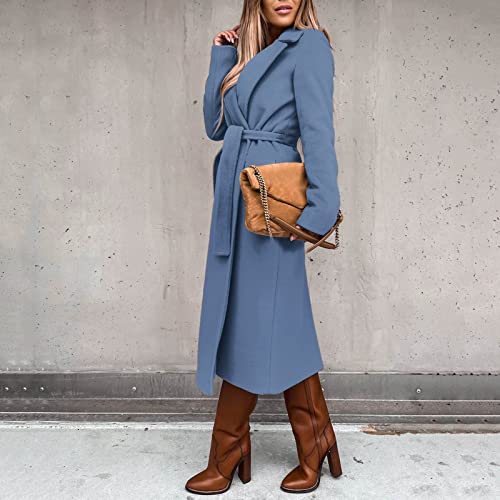 Women's Wool Jackets Coat Thin Cardigan Trench Jacket 2022 Ladies Long Parka Outwear Fashion Slim Waist Belt Top Blue #TOP2