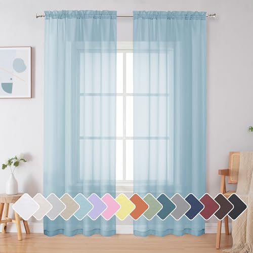 Image of Simplebrand Sky Blue Sheer Curtains 72 Inches Long 2 Panels for Living Room, Rod Pockets Airy Window Treatments Voile Sheer Black Curtains Panels Lightweight for Front Back Patio Glass Door, 42 inch Width
